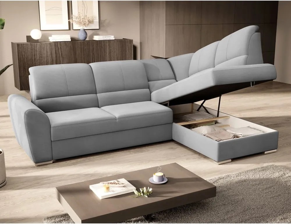 Colțar gri extensibil/cu spațiu de depozitare cu tapițerie din catifea (cu colț pe partea dreaptă/în formă de ”L”) Siber – ELTAP