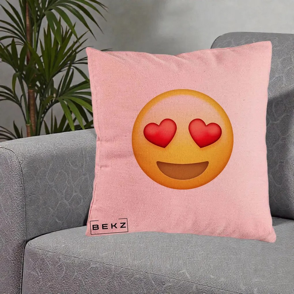 Perna Decorativa Emoji Inimi in Ochi, 40x40 cm, Roz, Husa Detasabila, Perna Inclusa, BEKZ®
