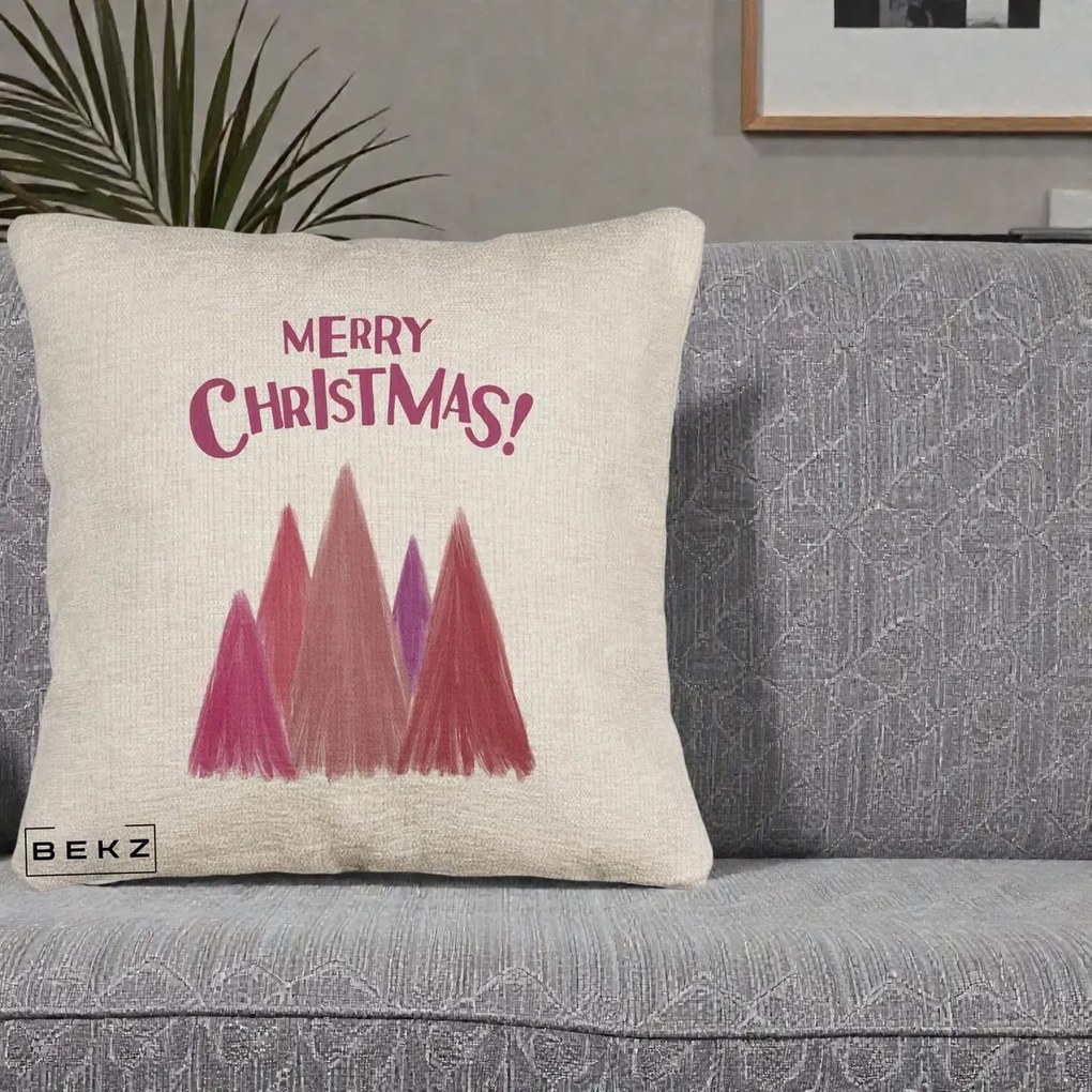 Perna Decorativa Merry Christmas Brazi Roz, 40x40 cm, Bej Canapea, Husa Detasabila, Perna Inclusa, BEKZ®