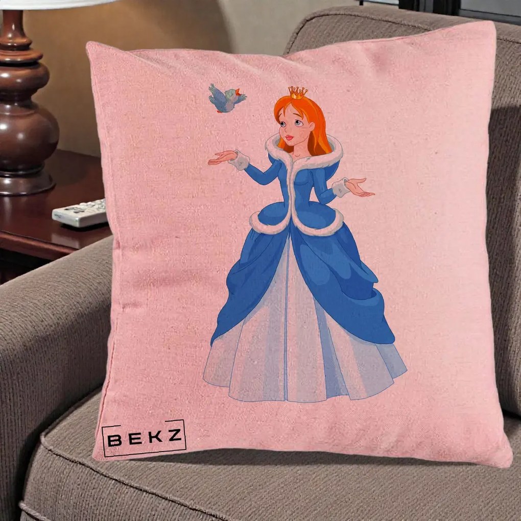 Perna Personalizata Printesa Albastra cu Pasare, 40x40 cm, Roz, Husa Detasabila, Perna Inclusa, BEKZ®