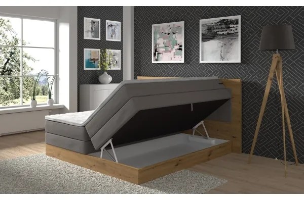 Pat boxspring JASMINE 180x200 cm, cu saltele și topper, cu spațiu de depozitare, gri