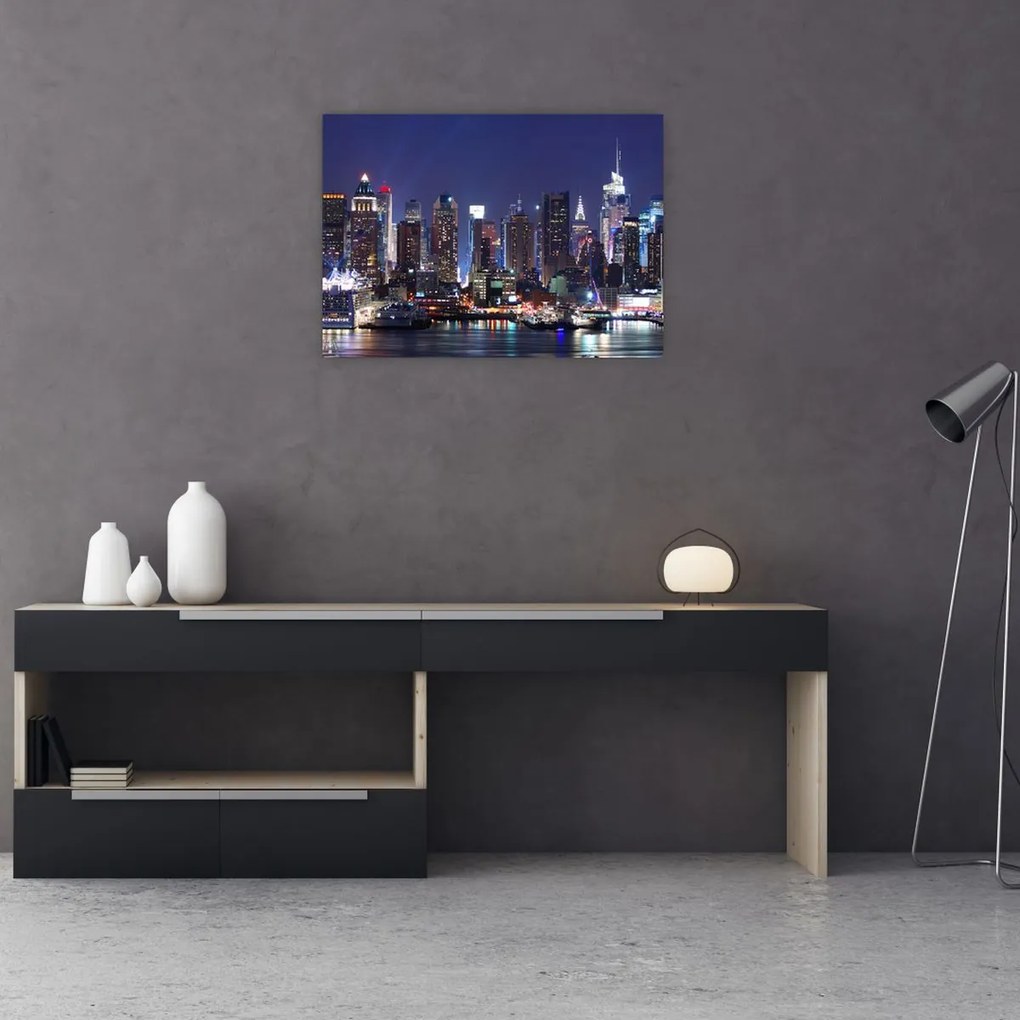Tablou pe sticlă - Zgârie-nori din New York iluminate (70x50 cm)