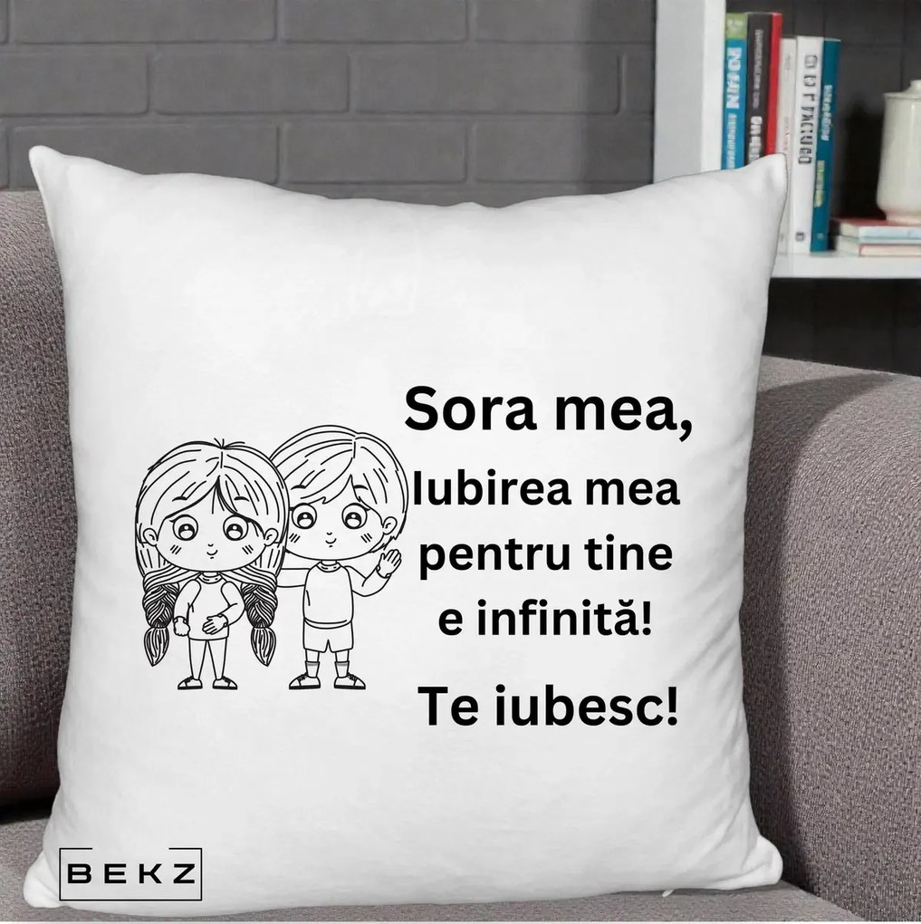 Cadou pentru Sora - Perna Personalizata Sora Mea Te Iubesc Copii Anime Line Art, 40x40 cm, Alb Pufos, Husa Detasabila, Perna Inclusa, BEKZ®