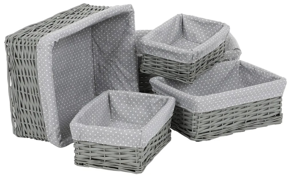Set coșuri de răchită cu țesătură buline gri, 5 buc., 5 dimensiuni, 48 x 18 x 37 cm