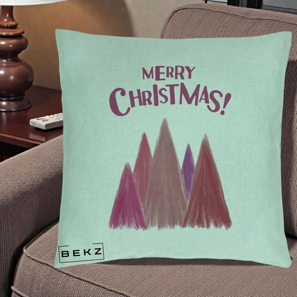 Perna Decorativa Merry Christmas Brazi Roz, 40x40 cm, Verde Menta, Husa Detasabila, Perna Inclusa, BEKZ®