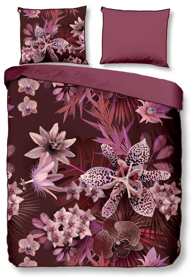Lenjerie de pat din bumbac organic pentru pat de o persoană Descanso Orchid, 140 x 200 cm, vișiniu închis