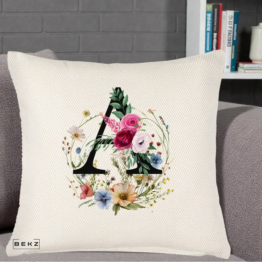 Cadou Personalizat - Perna Personalizata Monogram Litera A cu Flori Acuarela, 40x40 cm, Crem Reliefat, Husa Detasabila, Perna Inclusa, BEKZ®
