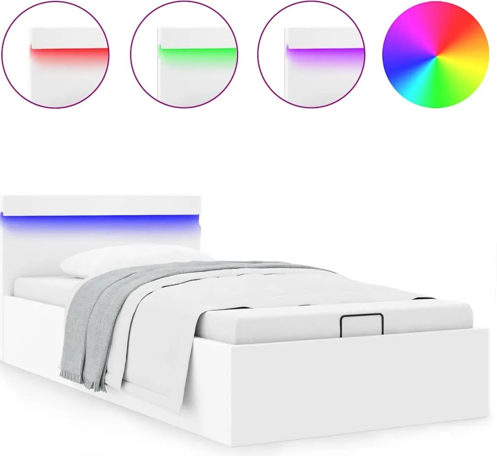 vidaXL Cadru pat hidraulic cu ladă LED alb 90x200 cm piele ecologică