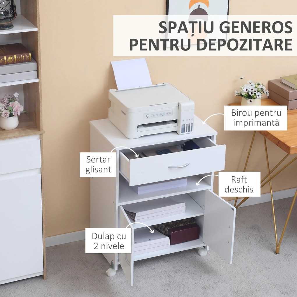 Vinsetto Suport Imprimantă cu Sertar, Dulap Multifuncțional, 4 Roți, 60x39x80cm, Alb | Aosom Romania