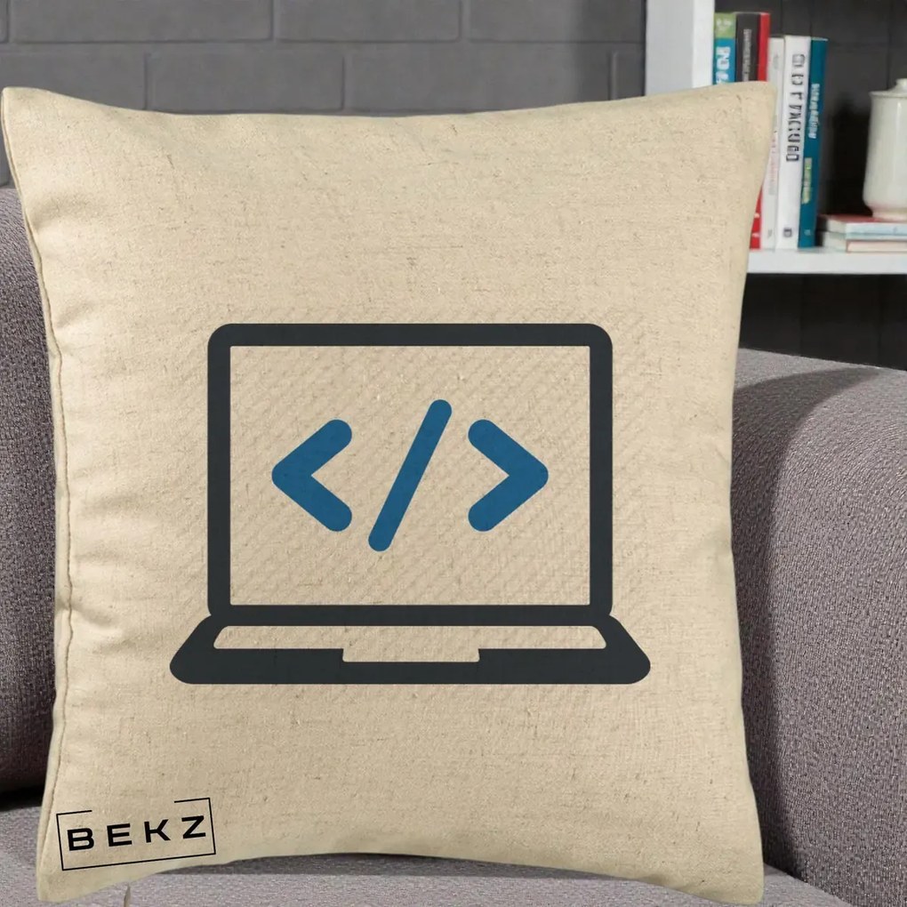 Perna Personalizata Laptop Cod HTML, 40x40 cm, Bej, Husa Detasabila, Perna Inclusa, BEKZ®