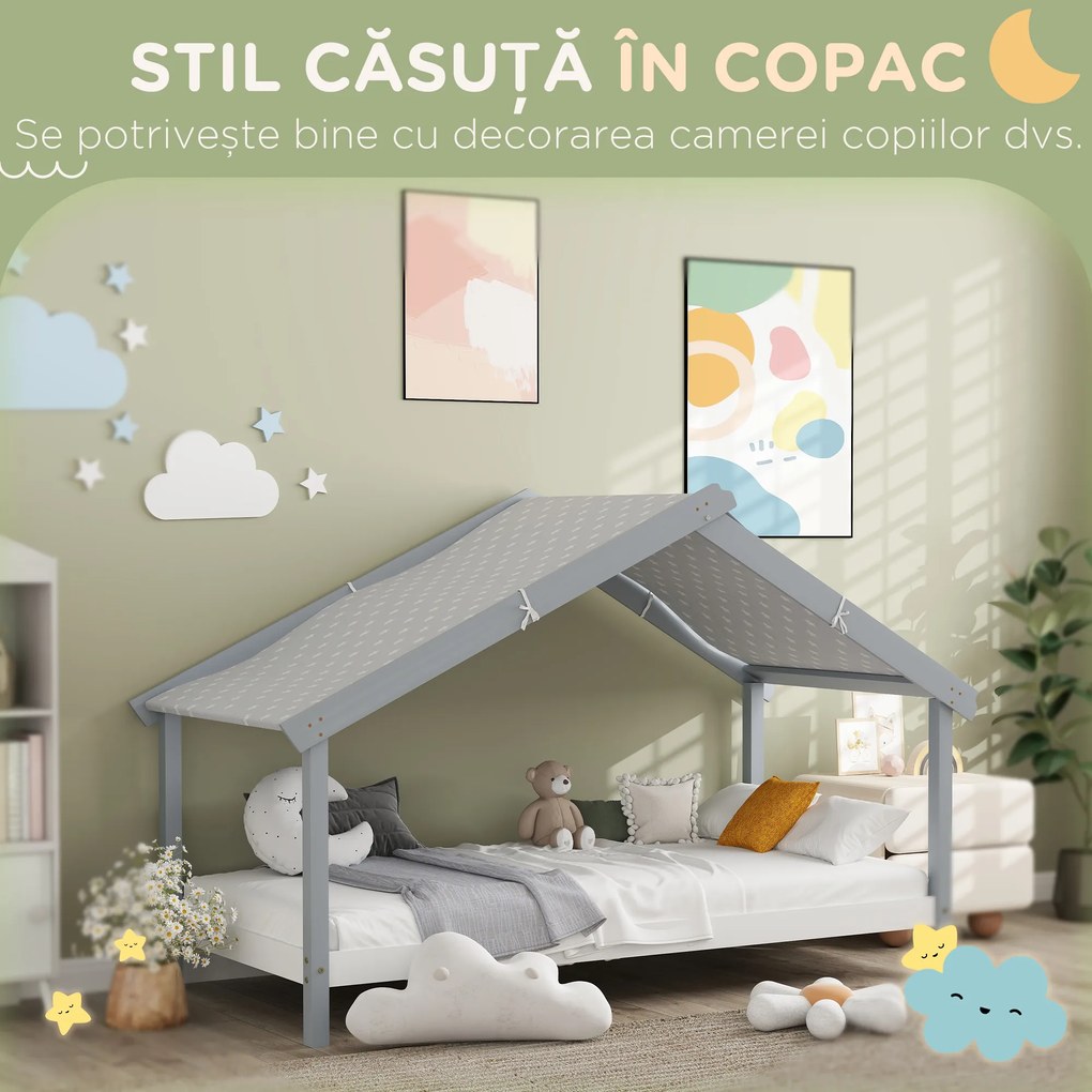 HOMCOM Pat Montessori pentru Copii în Formă de Căsuță cu Acoperiș Înstelat, Pat cu 15 Șipci, 213x100x140 cm, Gri | Aosom Romania