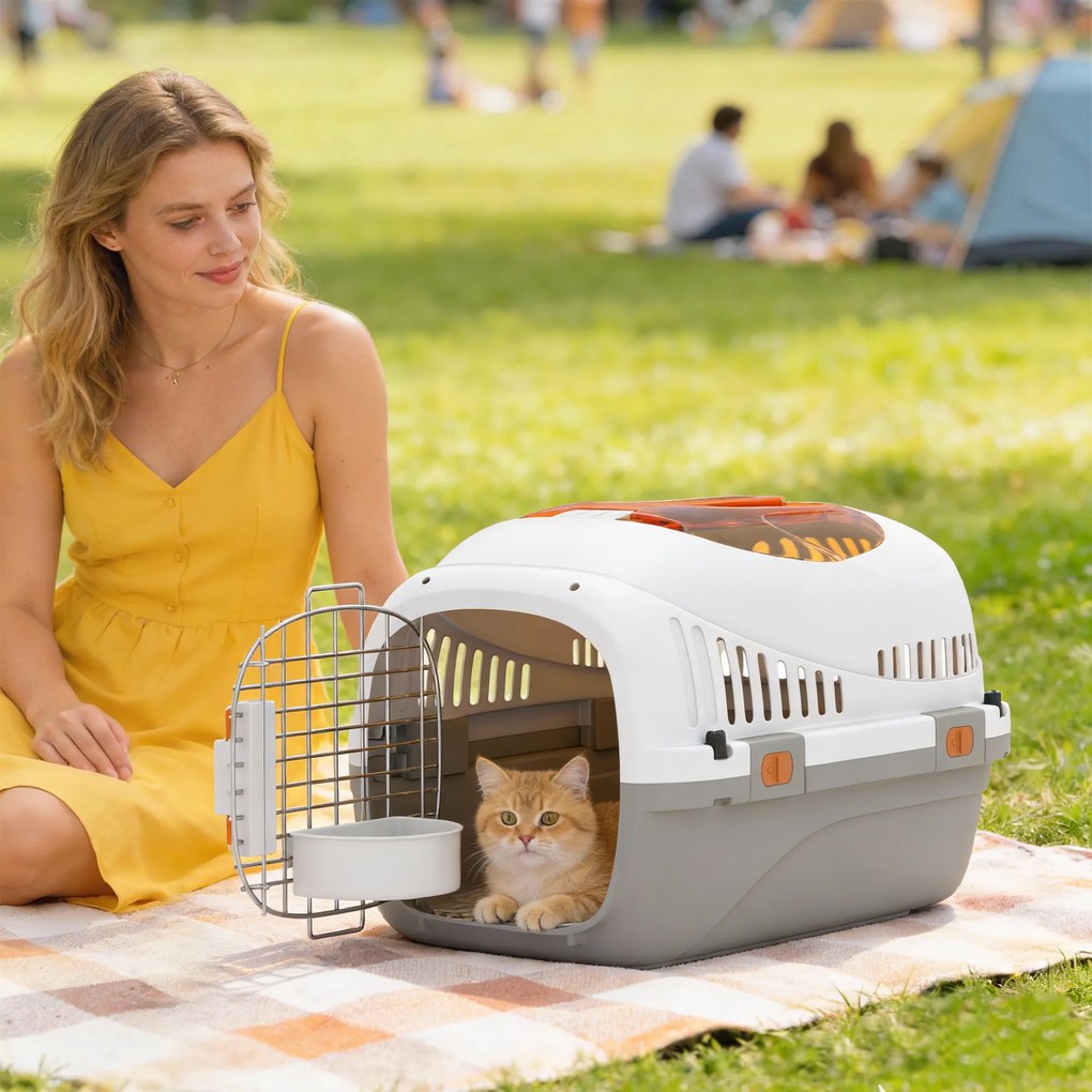 PawHut Transportor pentru Pisici și Câini Mici din Plastic, cu Fereastră Superioară, Ușă din Oțel, Bol pentru Hrană, pentru Animale max 4 kg, 49x32x31 cm, Gri | Aosom Romania