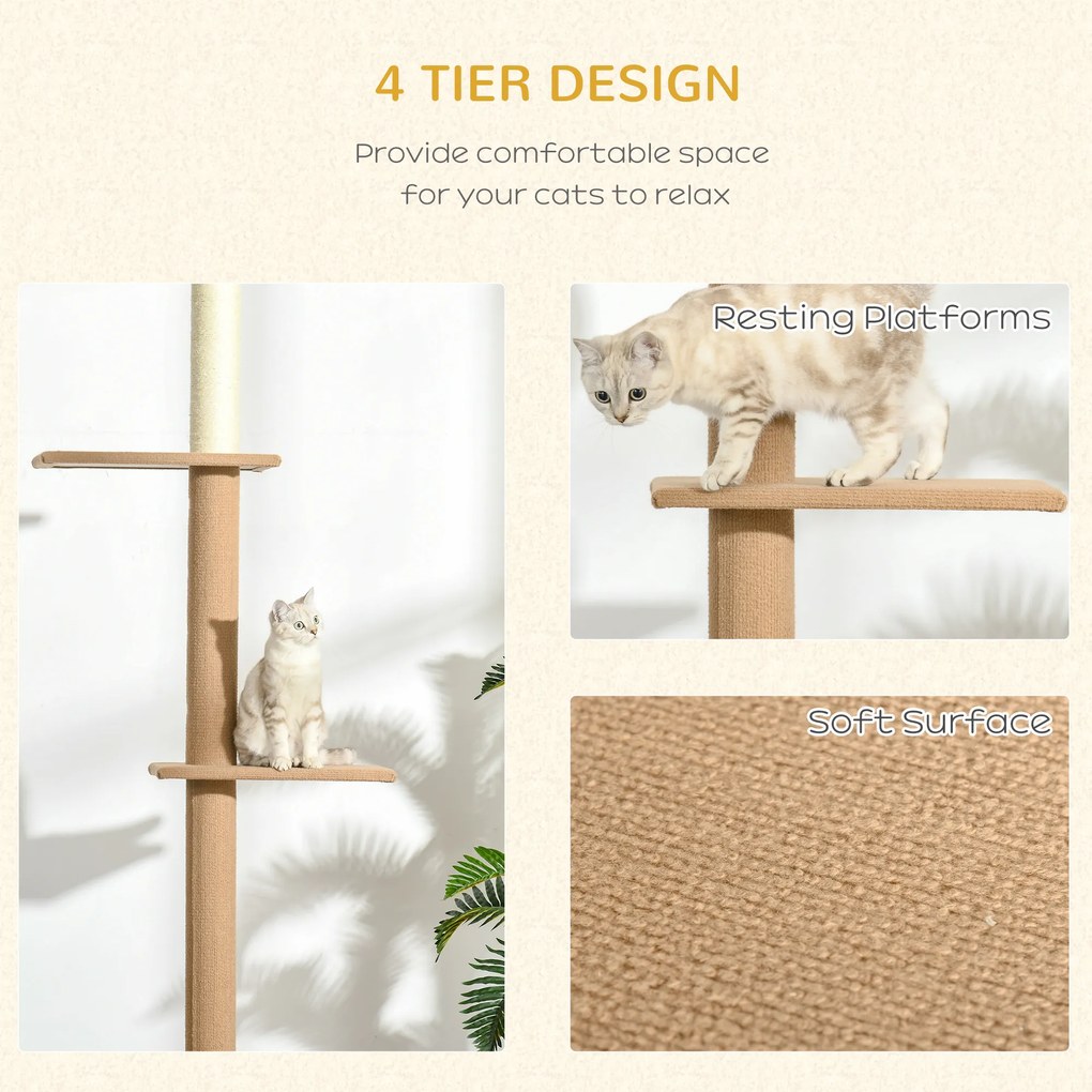 PawHut Stâlp de Zgâriat pentru Pisici cu 4 Nivele cu Prindere de Tavan și Înălțime Reglabilă, 43x27x228-260 cm, Maro | Aosom Romania