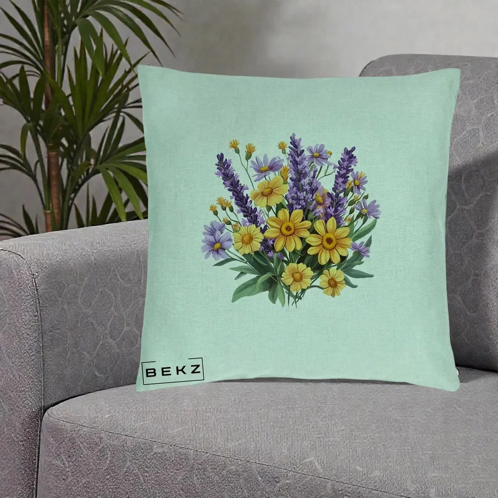 Perna Decorativa Lavanda cu Margarete Galbene si Lila, 40x40 cm, Verde Menta, Husa Detasabila, Perna Inclusa, BEKZ®
