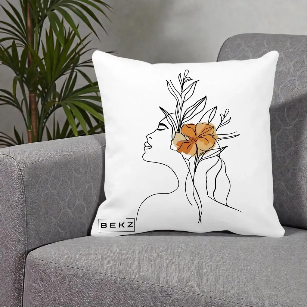 Perna Decorativa Portret Feminin Floare Portocalie Lateral, 40x40 cm, Alba Mata, Husa Detasabila, Perna Inclusa, BEKZ®