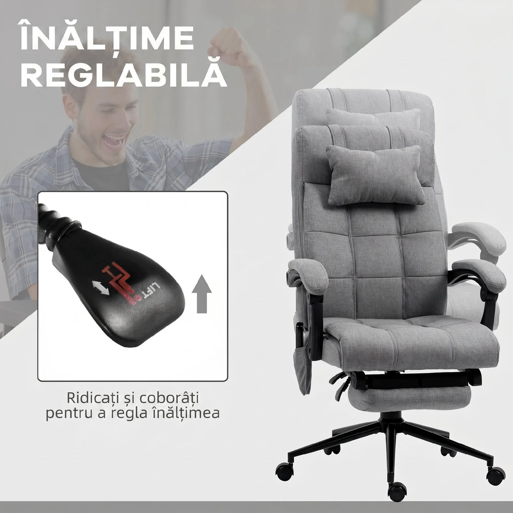 Vinsetto Scaun Birou cu Masaj și cu Încălzire, Fotoliu Birou cu Spătar Înclinabil 155°, Suport Picioare, 66x76x112-120cm,Gri | Aosom Romania