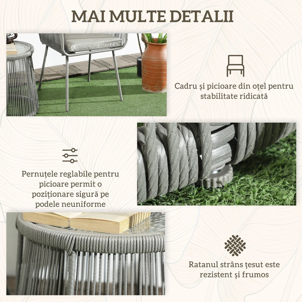 Outsunny Set Mobilier de Grădina cu 2 Scaune și Măsuță de Cafea cu Blat din Sticlă, Ø49x47 cm, Gri | Aosom Romania