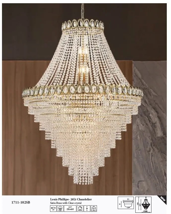 Lustra casa scarii alama satin, cristal transparent Louis Phillipe 28L