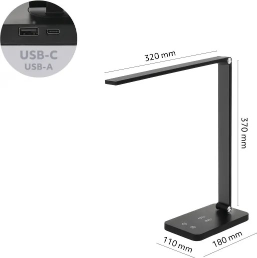 Brilagi - Lampă de birou LED tactilă cu dimmer, încărcare wireless QI, LED/7W/5V 3000/4000/6000K, negru