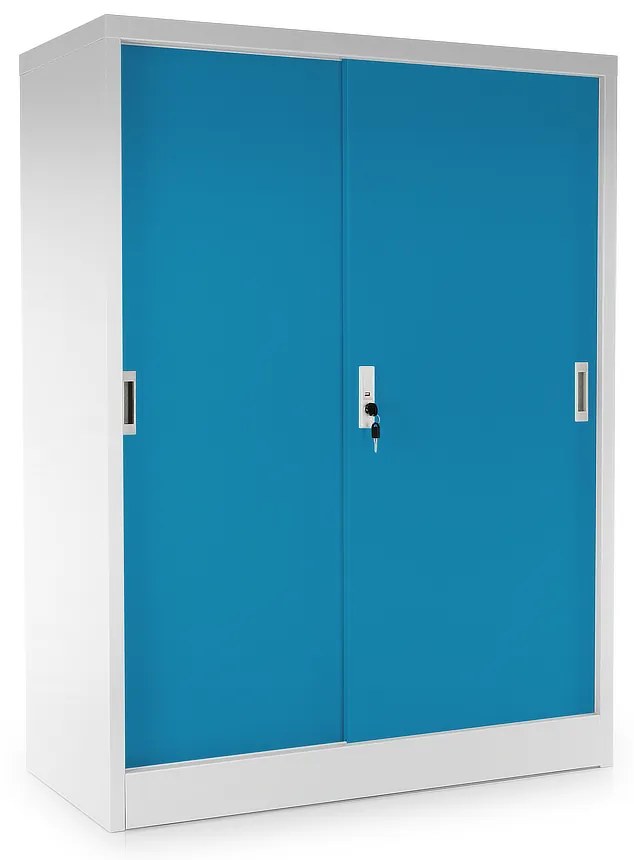 Dulap metalic universal mediu cu uși glisante 90 x 40 x 120 cm, încuietoare cilindrică, albastru - ral 5012