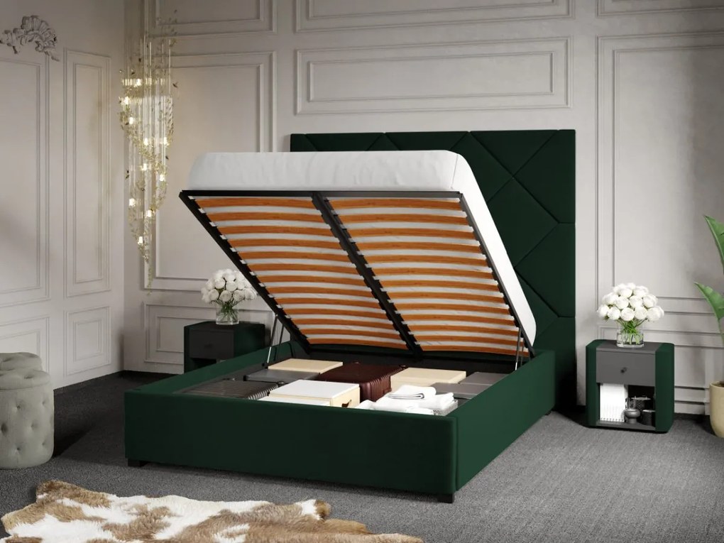 Pat Tapitat cu Panou 191x170 C2 Dubai cu somiera rabatabila si lada de depozitare Verde Inchis - Velluto 27 140x200