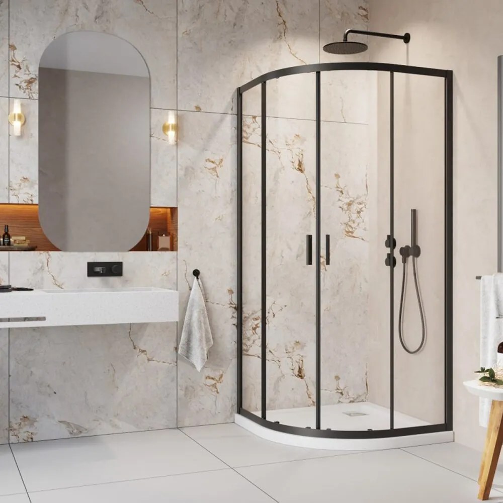 Pachet cabina de dus Alienta Black A 80x80 cm, cadita pentru dus Rodos A Compact alb si sifon cadita negru