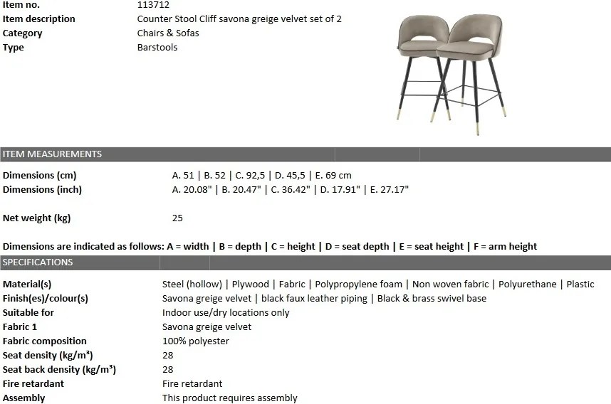 Set de 2 scaune de bar design modern Cliff, H-92,5cm greige 113712 HZ