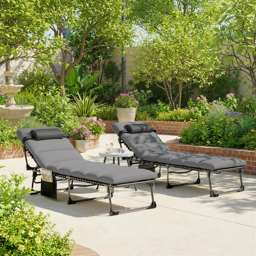 Outsunny Set de 2 Șezlonguri de Grădină Saltea XXL 9cm Reglabil 180° Complet Pliabil în 5 Poziții 200x57x38cm Gri | Aosom Romania