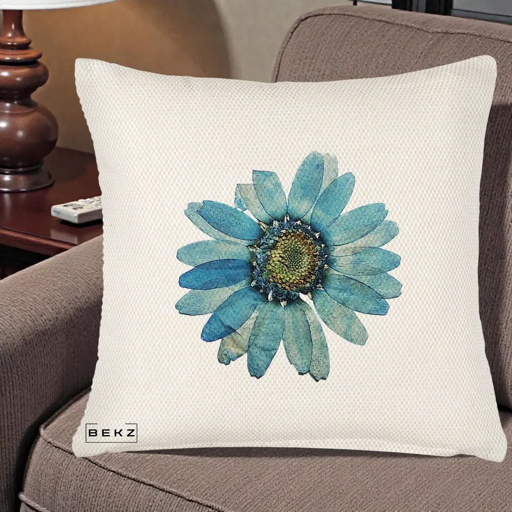 Perna Decorativa Floare Margareta Albastra Acuarela, 40x40 cm, Crem Reliefat, Husa Detasabila, Perna Inclusa, BEKZ®