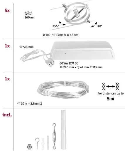Paulmann 94436 - Set 5x GU5,3/10W, sistem complet pe cablu CARDAN 230 V, crom