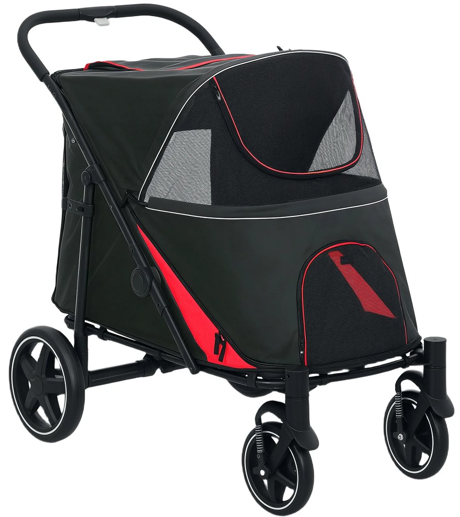 PawHut Cărucior Pliabil pentru Câini cu 4 Roți, Intrări cu Fermoar și Ferestre din Plasă, 112x65x100 cm, Negru | Aosom Romania