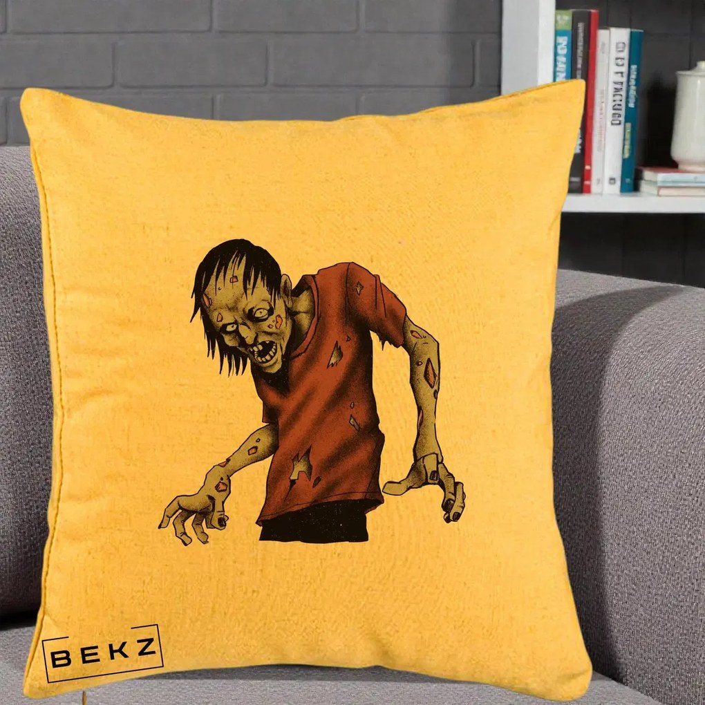 Perna Decorativa Halloween Zombie Infricosator, 40x40 cm, Galben, Husa Detasabila, Perna Inclusa, BEKZ®
