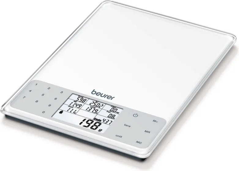 Cantar de bucatarie Beurer DS 61, Pana la 5 kg, Tare, Touch, Sticla, Analiza nutritionala a 950 de alimente, Memorie, Transparent/Gri