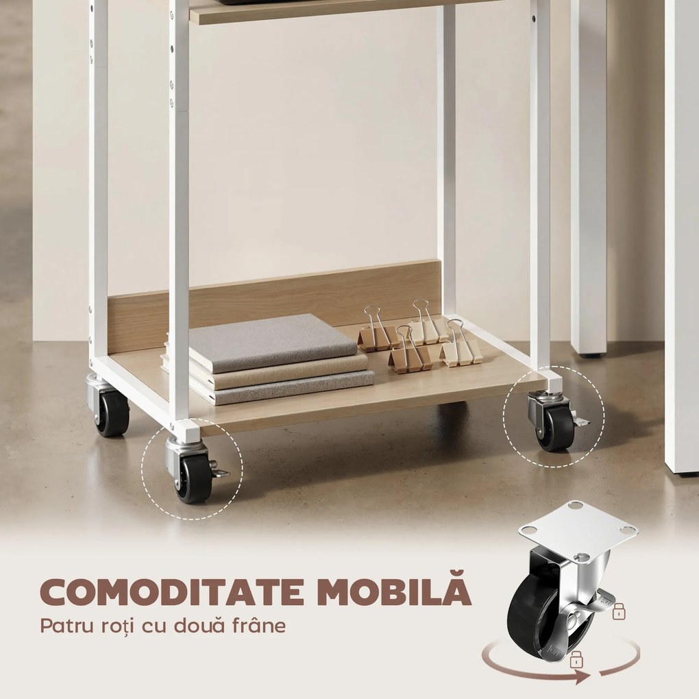 HOMCOM Suport pentru Imprimantă pe 3 Niveluri cu Roți și Cârlige, Masă Modernă, Lemn Natural. | Aosom Romania