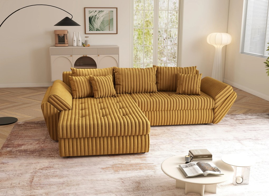 Colțar extensibil dumonde cu ladă de depozitare si sezut confortabil din spuma high-density, Loana Ambience Mustar 270x185 cm