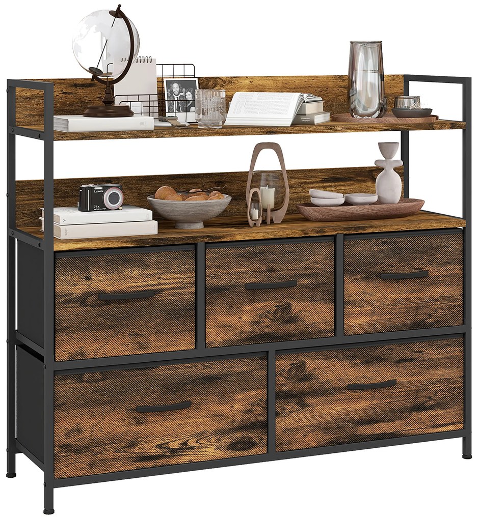 HOMCOM Comodă, mobilier de depozitare, 5 sertare din material textil pliabile și detașabile și rafturi, 98 x 29 x 85 cm, maro rustic | Aosom Romania