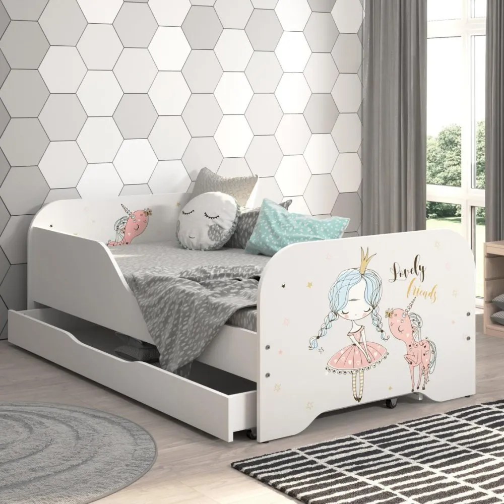 Pat pentru copii MIKI 160 x 80 cm cu motiv de prințesă și unicorn