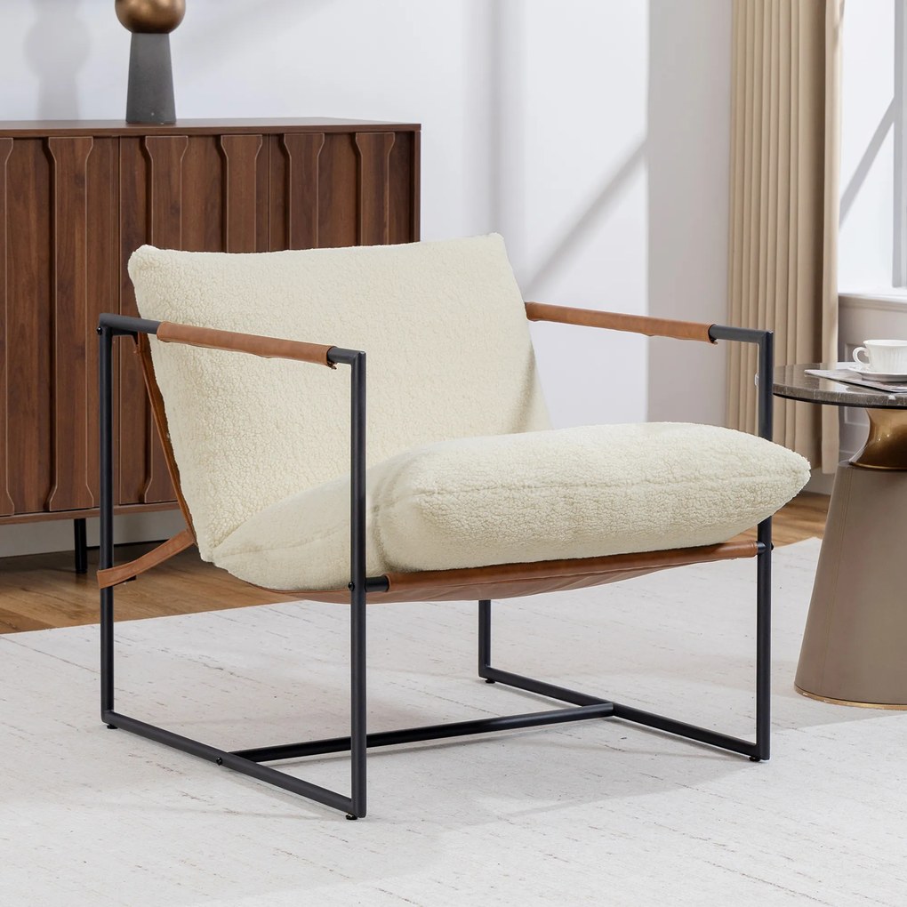 HOMCOM Fotoliu de salon, fotoliu auxiliar tapițat în țesătură bouclette, șezut lat și structură din oțel, 77x91x80cm, crem | Aosom Romania