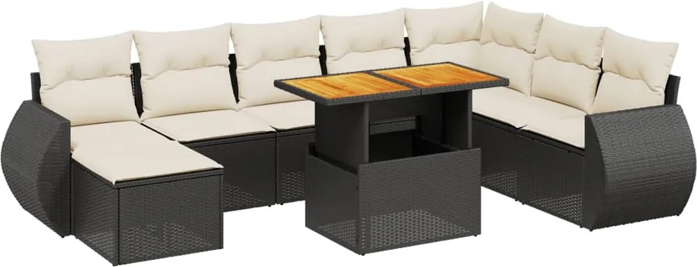 vidaXL Set mobilier de grădină cu perne, 9 piese, negru, poliratan
