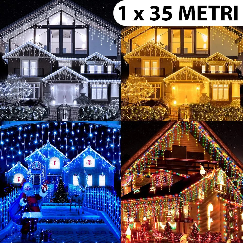 Instalatie de Craciun, 1 x 35 metri, franjuri cu flash, cu led tip turturi, fir gros, exterior, dive
