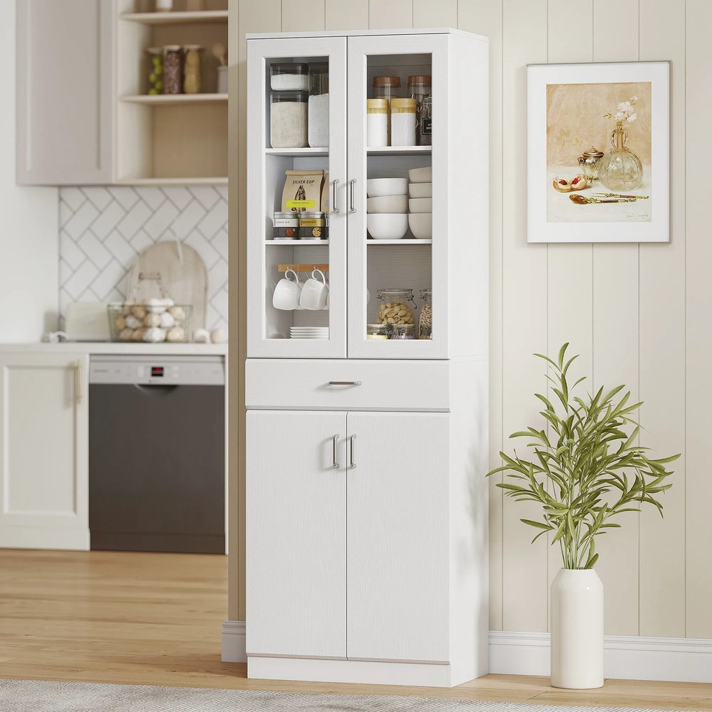 HOMCOM Bufet înalt pentru bucătărie, dulap de bucătărie, 4 uși dintre care 2 din sticlă, sertare, etajere reglabile, 60x35x180cm, alb | Aosom Romania