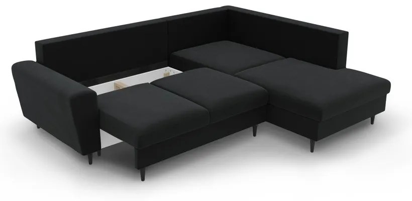 Colțar negru extensibil, cu spațiu de depozitare cu tapițerie din catifea (cu colț pe partea dreaptă-în formă de ”L”) Kyoto – Cosmopolitan Design