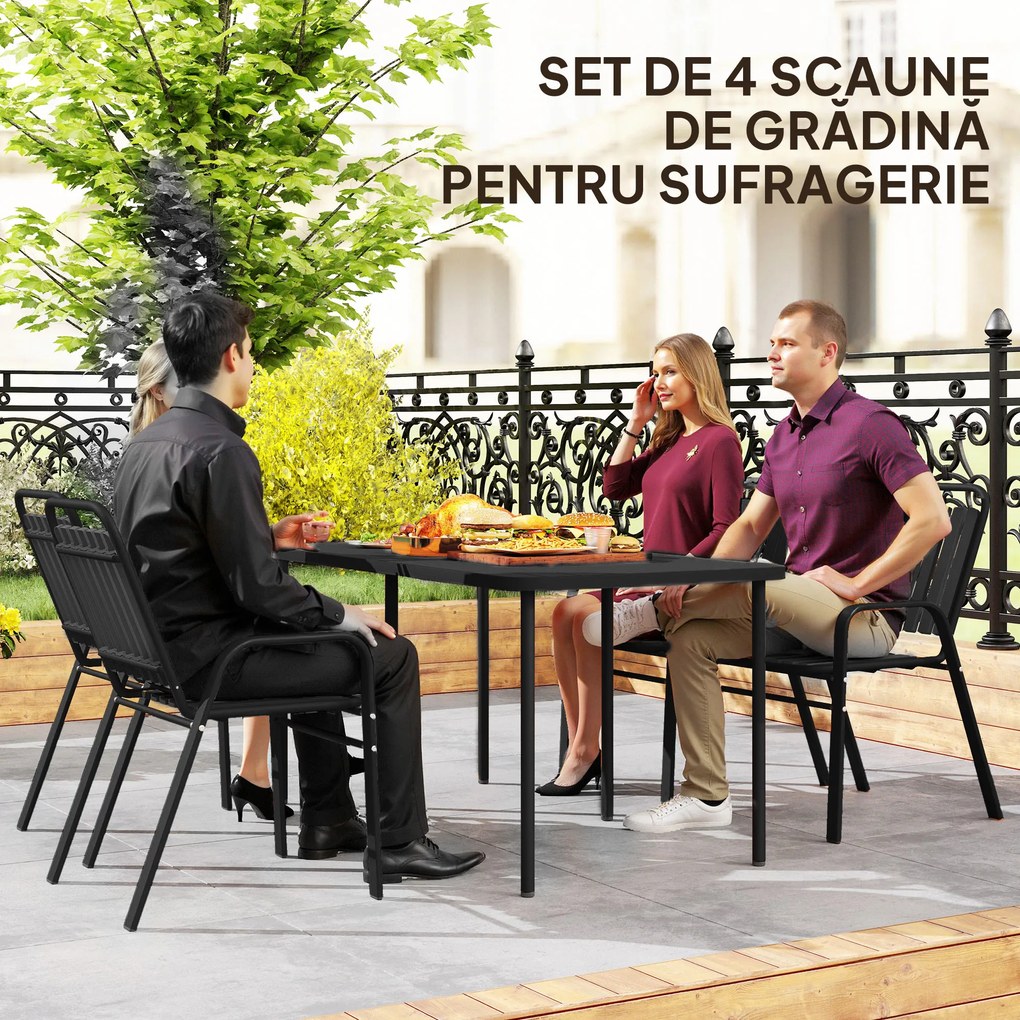 Outsunny Set 4 Scaune de Grădină Stivuibile Scaune de Exterior 56x66x91 cm Negru | Aosom Romania