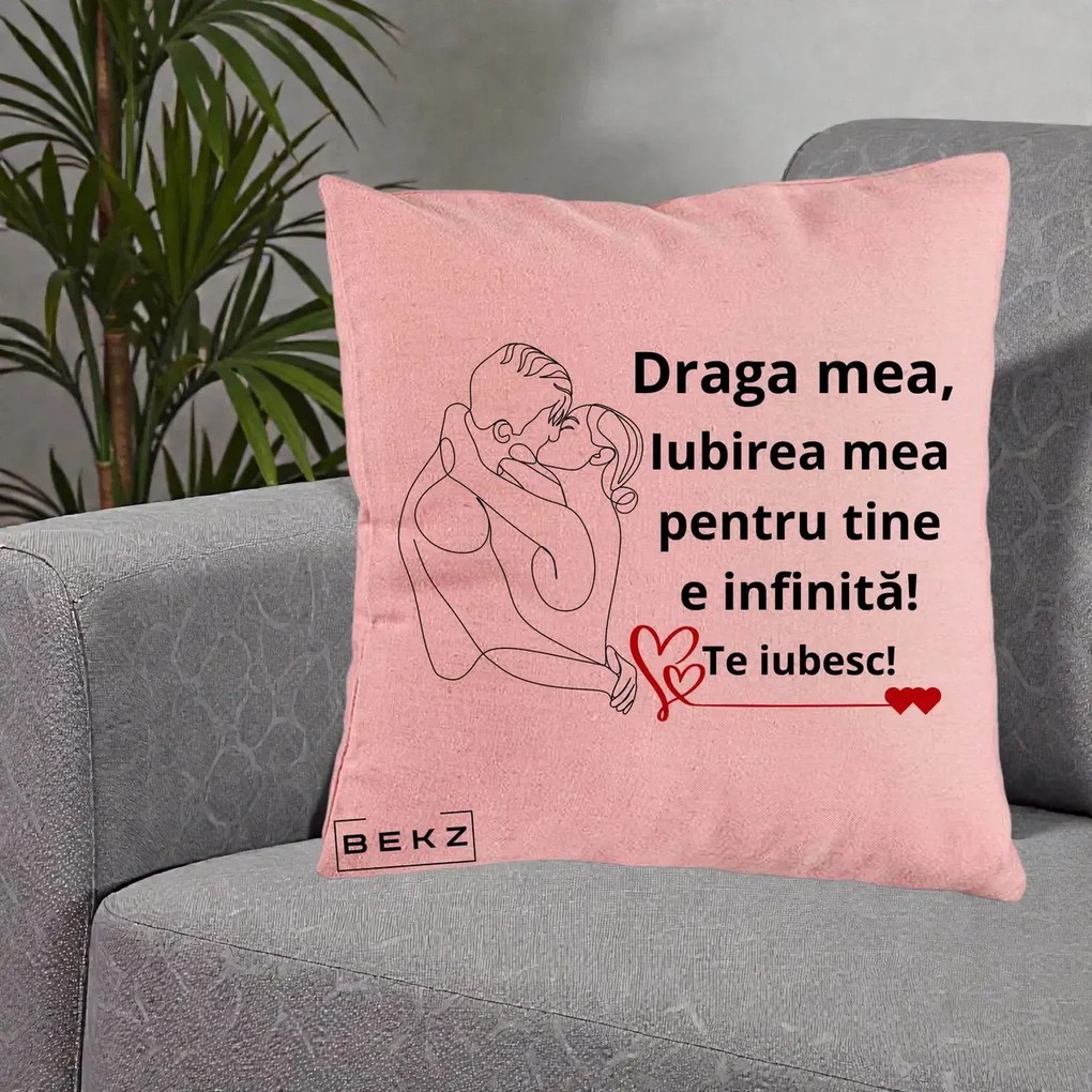 Cadou pentru Iubita - Perna Personalizata Draga Mea Iubirea Mea pentru Tine e Infinita Te Iubesc, 40x40 cm, Roz, Husa Detasabila, Perna Inclusa, BEKZ®