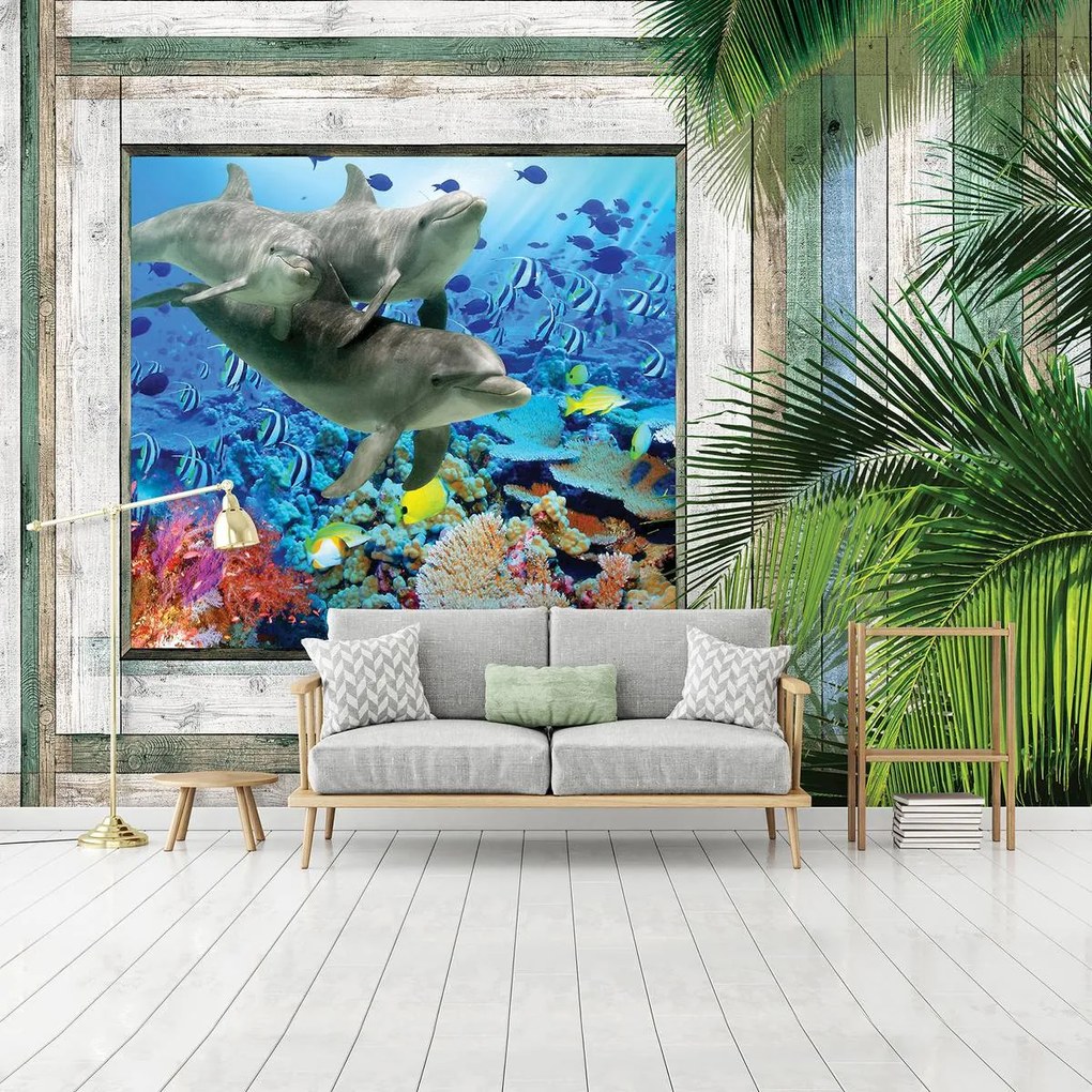 Fototapet - Delfinii și peștii sub mare (152,5x104 cm)