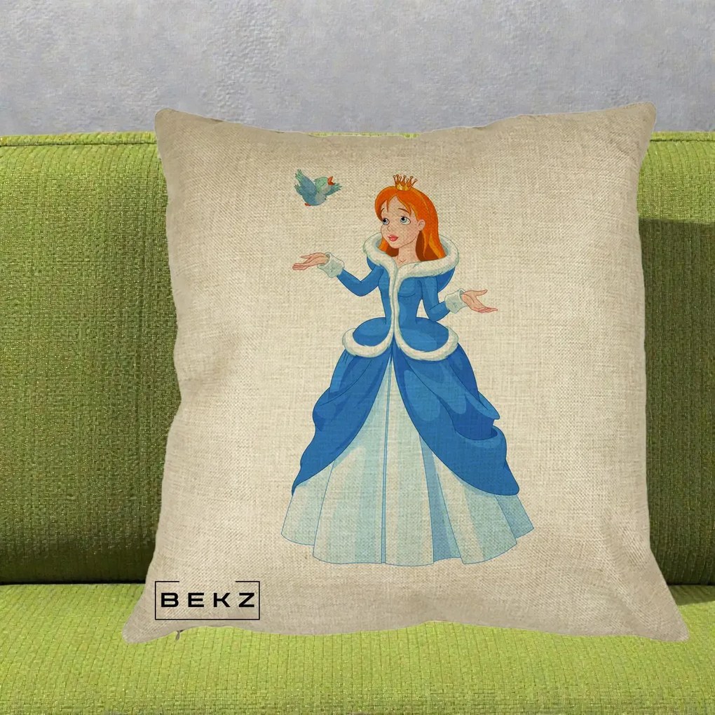 Perna Personalizata Printesa Albastra cu Pasare, 40x40 cm, Crem, Husa Detasabila, Perna Inclusa, BEKZ®