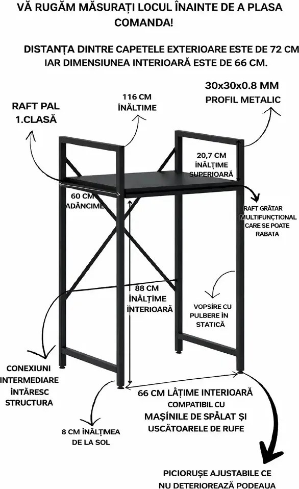 Suport raft pentru mașină de spălat și uscător cu sertar,negru