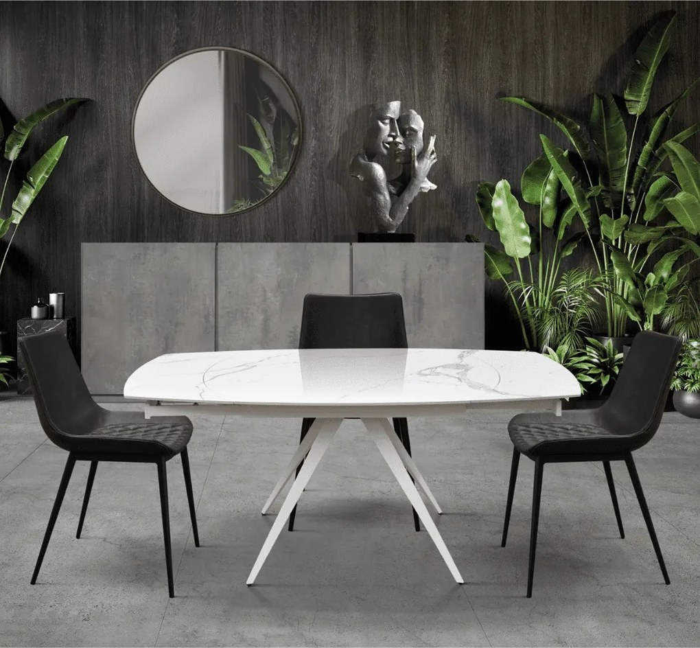 Masă Daisy Rotativă extensibilă, Sticlă ceramică-picior metalic - ALB STATUARIO - 140 x 90 x h75 cm