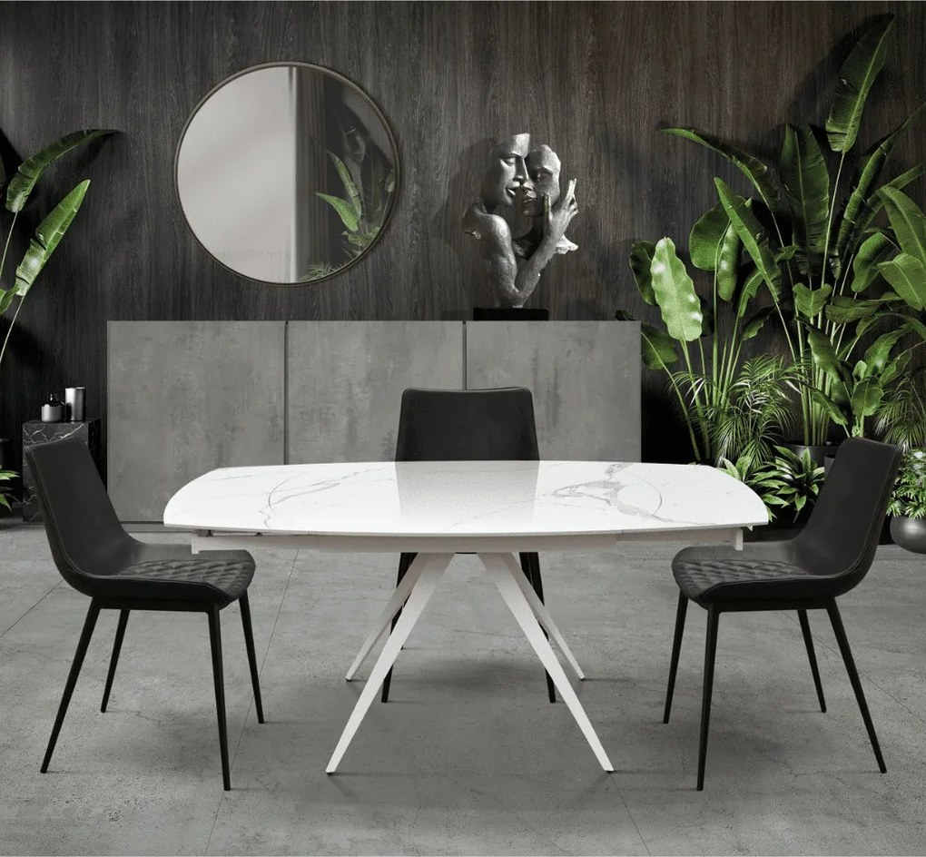 Masă Daisy Rotativă extensibilă, Sticlă ceramică-picior metalic - EFECT MARMURA - 120 cm / 90 cm h 77 cm