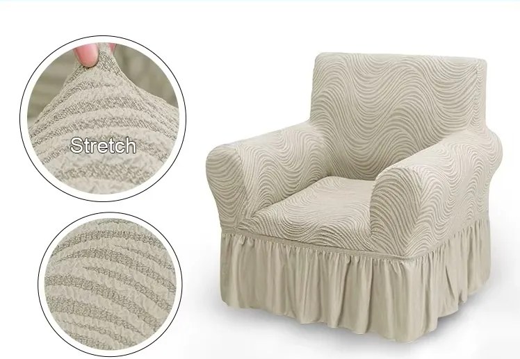 Set 2 Huse elastice pentru fotolii, cu volanas si model Jacquard Bej deschis in dungi